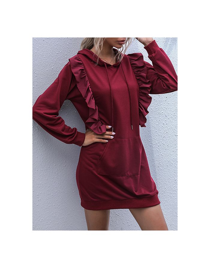 Women Fall Winter Long Sleeve Hooded Ruffled Solid Color Short Sweatshirt Dress
