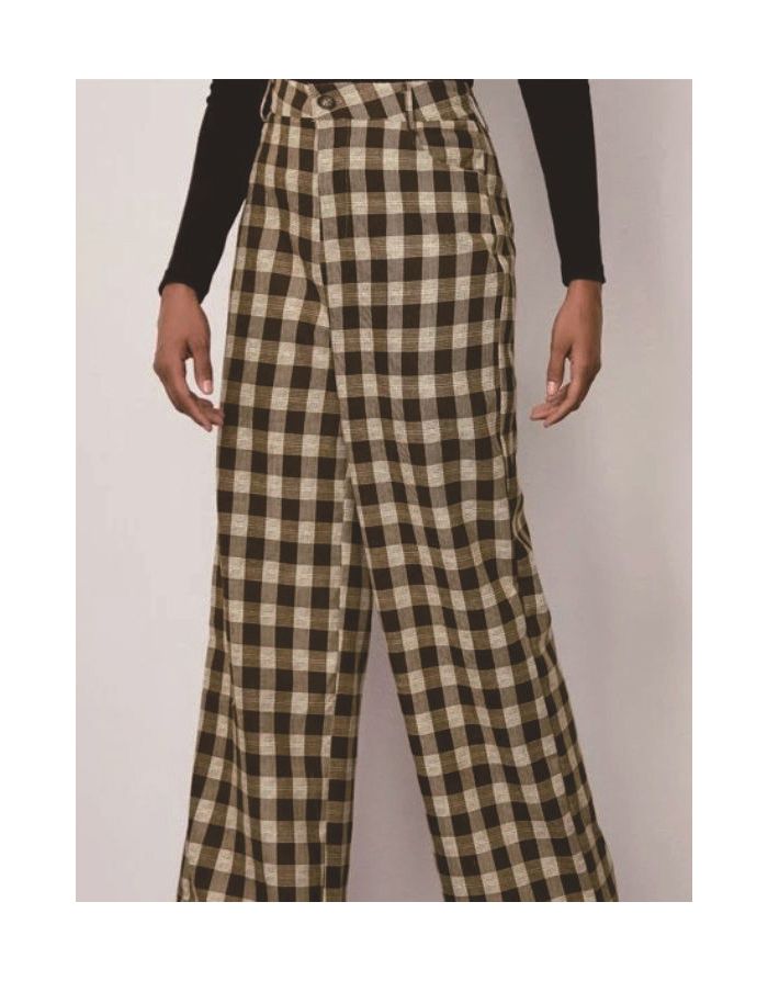 Women Spring Fall Plaid One Button High Waisted Casual Wide Leg Trousers Pants